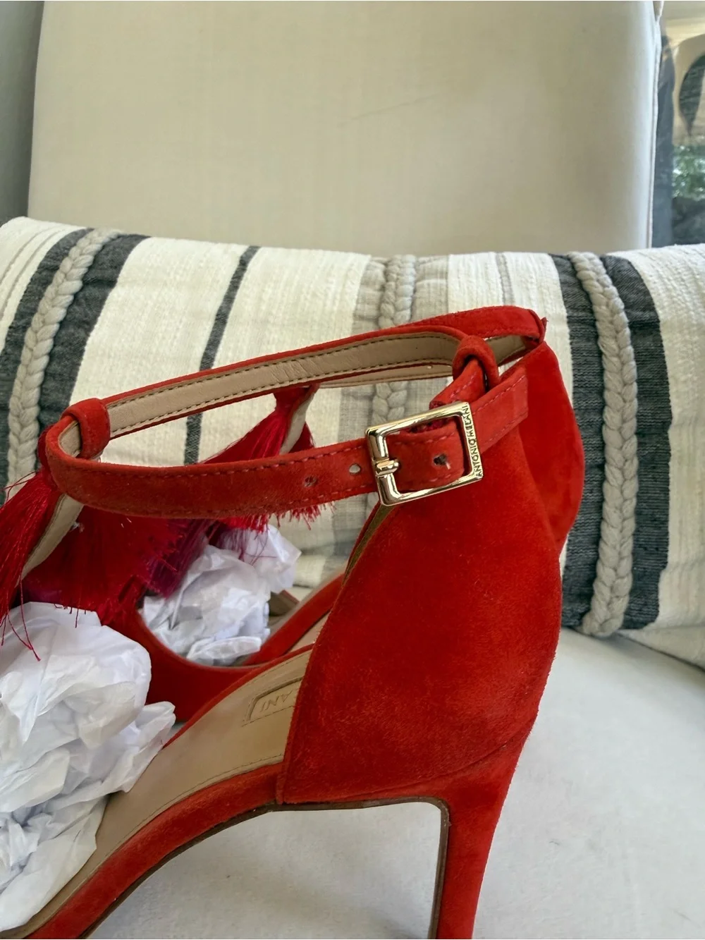 ANTONIO MELANI Red Suede Pointed Tassel Ankle-Strap Heels